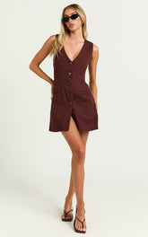 Kyla Mini Dress - V Neck Button Up Linen Vest Dress in Chocolate